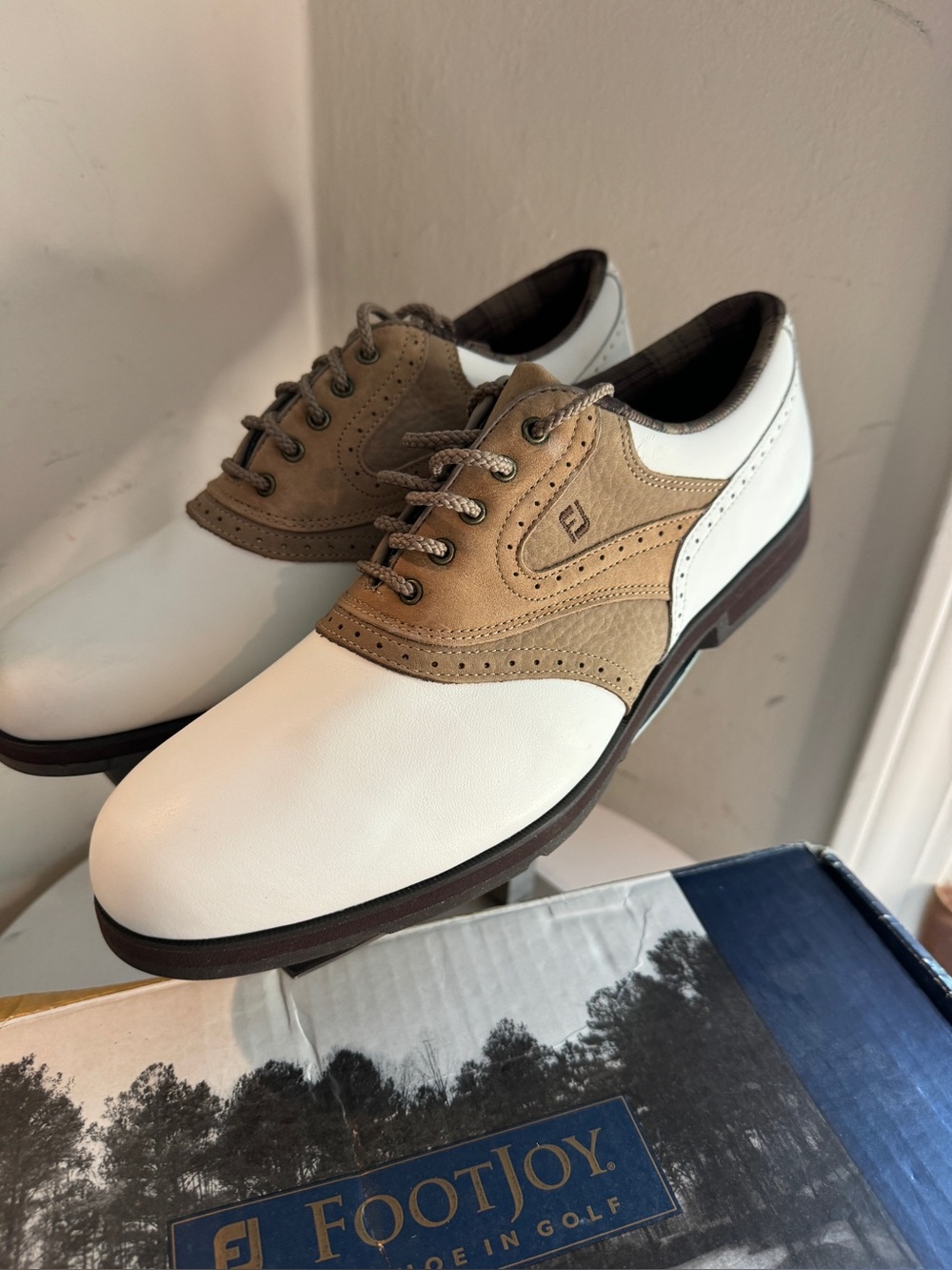 Footjoy Terrains Golf Shoe Womens Sz 11 N White Brown Saddle Lace Up Cleat 98308